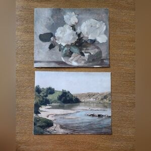 Two 8x10 Vintage Landscape Mountain River White Roses Wall Art